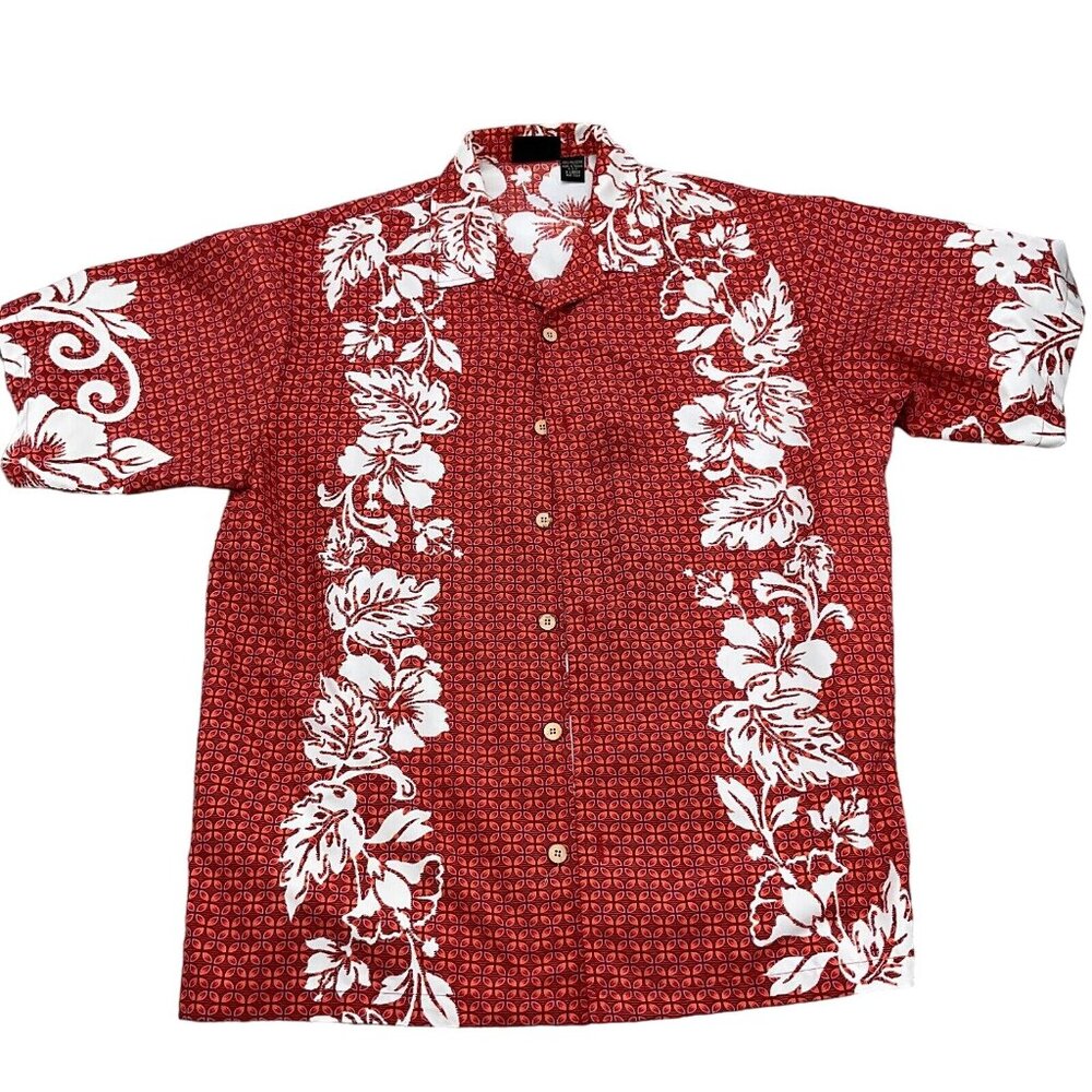 ODO Shirt Men XLarge Red White Floral Tropical Hibiscus Aloha‎ Casual VTG